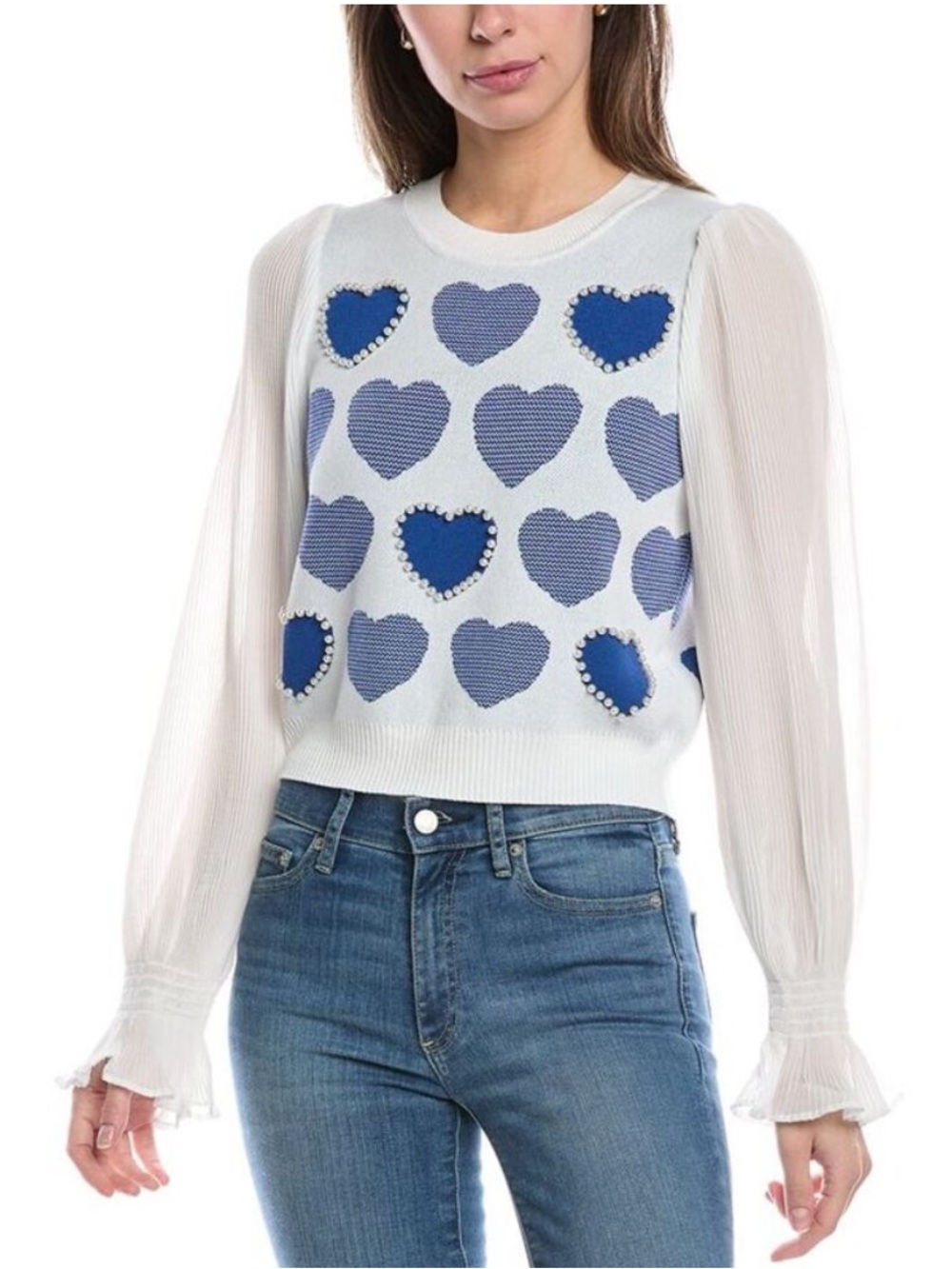 Nanette Lepore White Knit Sweater with Navy Heart and Pearl Accents Medium NWT